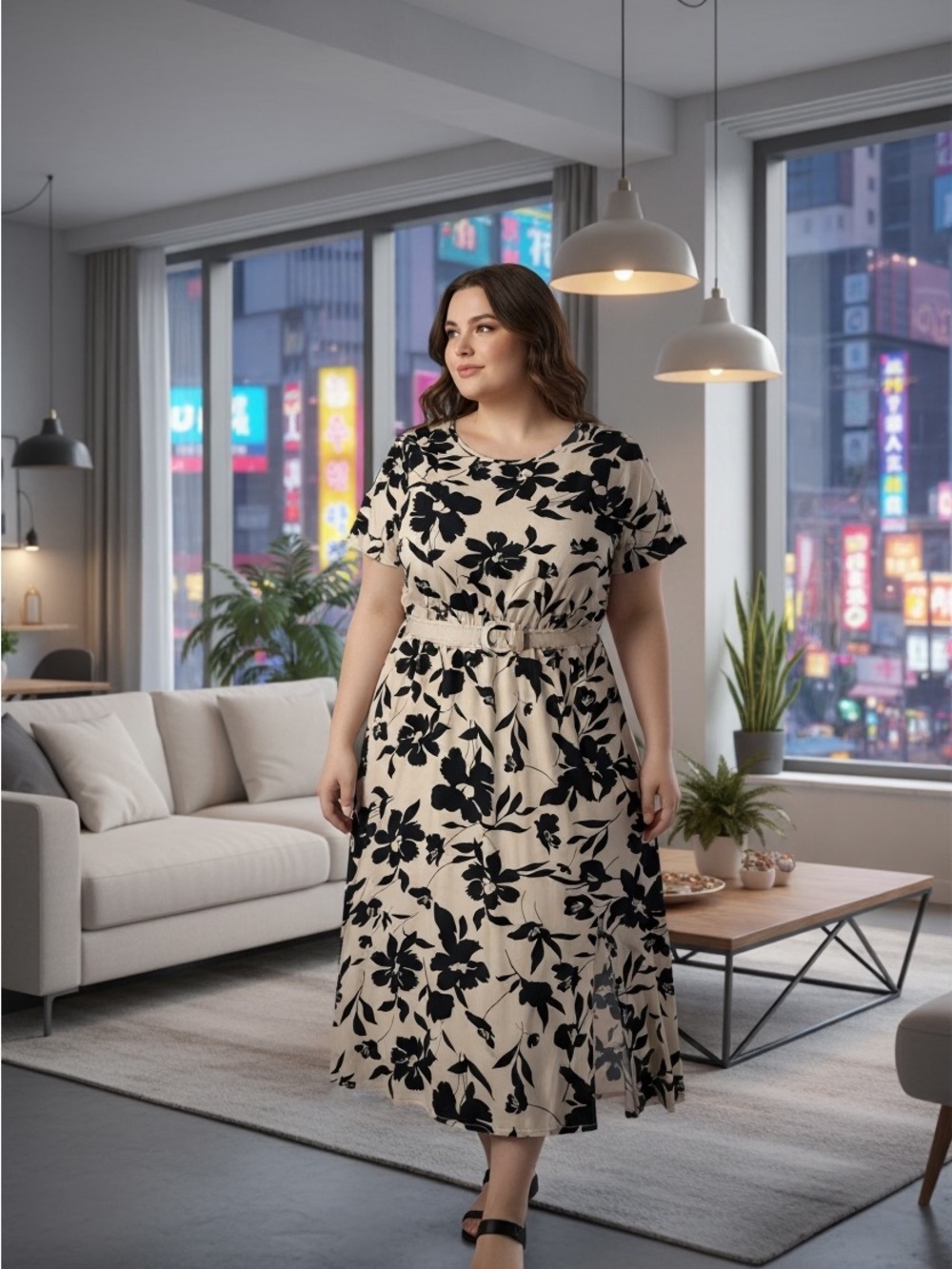 SHEIN Beige and Black Floral Maxi Dress with slit
